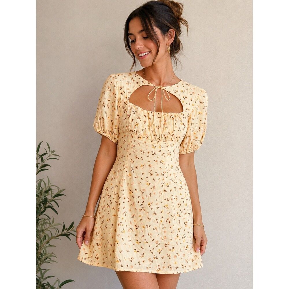 Sabo Skirt Dress Women S Yellow Floral Cutout Mini Cottagecore Puff Sleeve